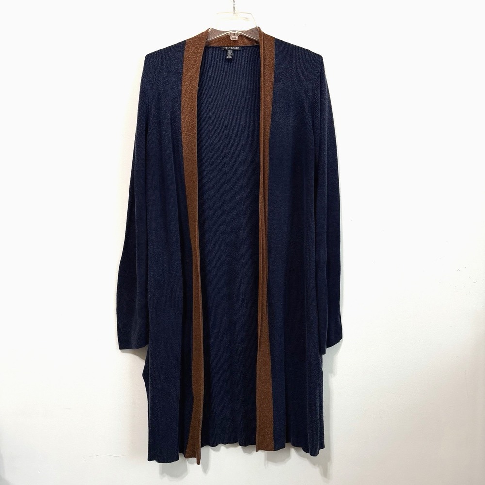 Eileen Fisher Long Line Cardigan XL Midnight Blue Open Silk Tencel Knit Casual